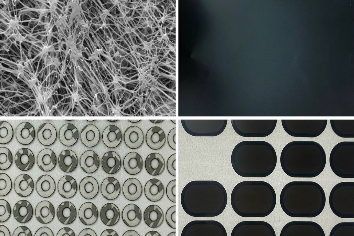Comparative microscopic structures of ePTFE and TPU membranes, with precision die-cut components for acoustic vent and industrial applications